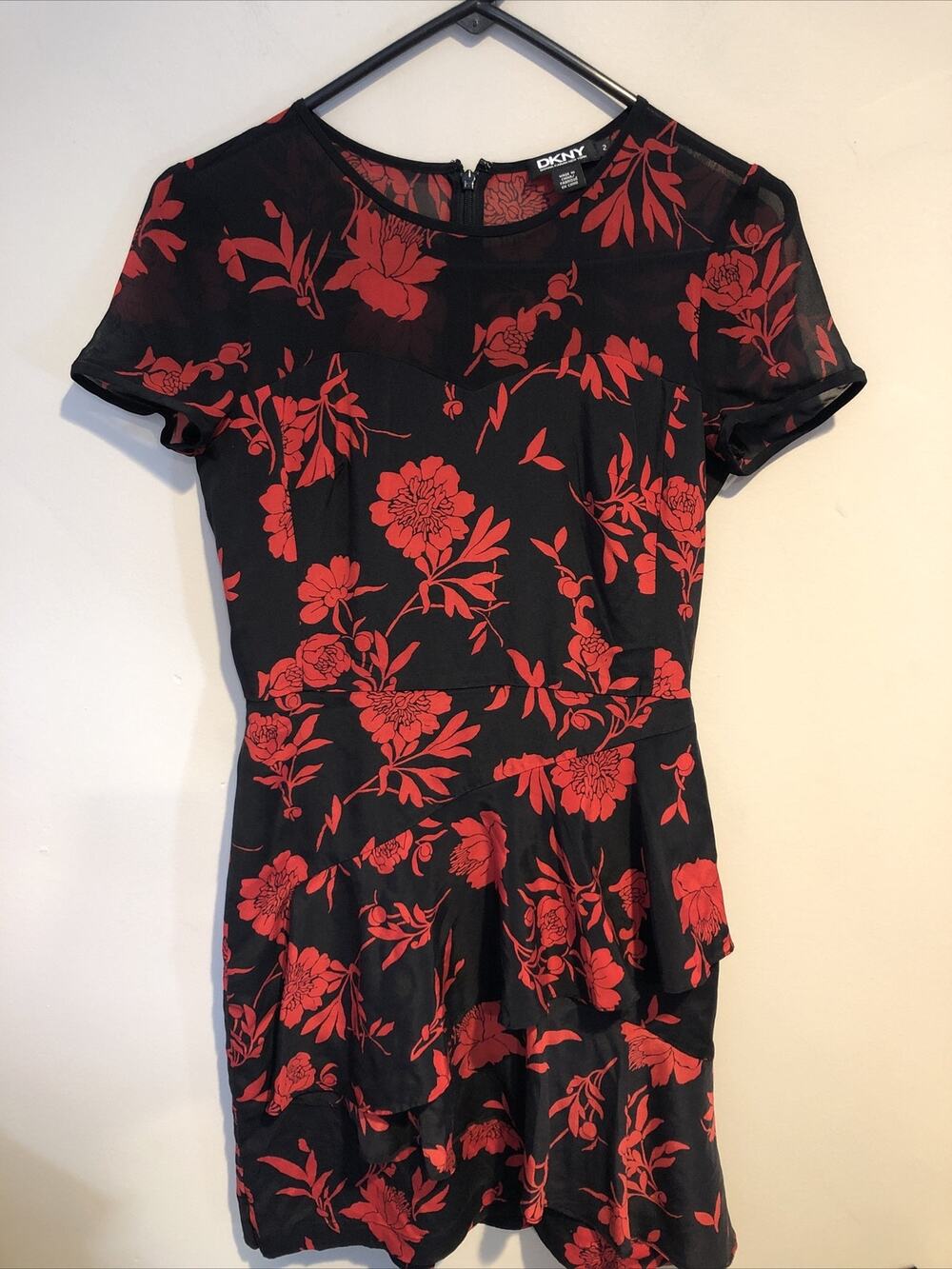 DKNY Black & Red Silk Floral Short Sleeve Dress Ruffles Sheer Top Sz 2 EUC